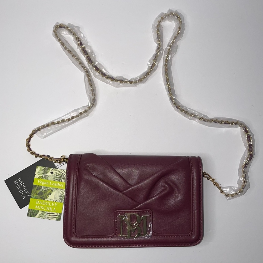 NWT Badgley Mischka Small Pleated Crossbody Bag Vegan BM-4070 Plum